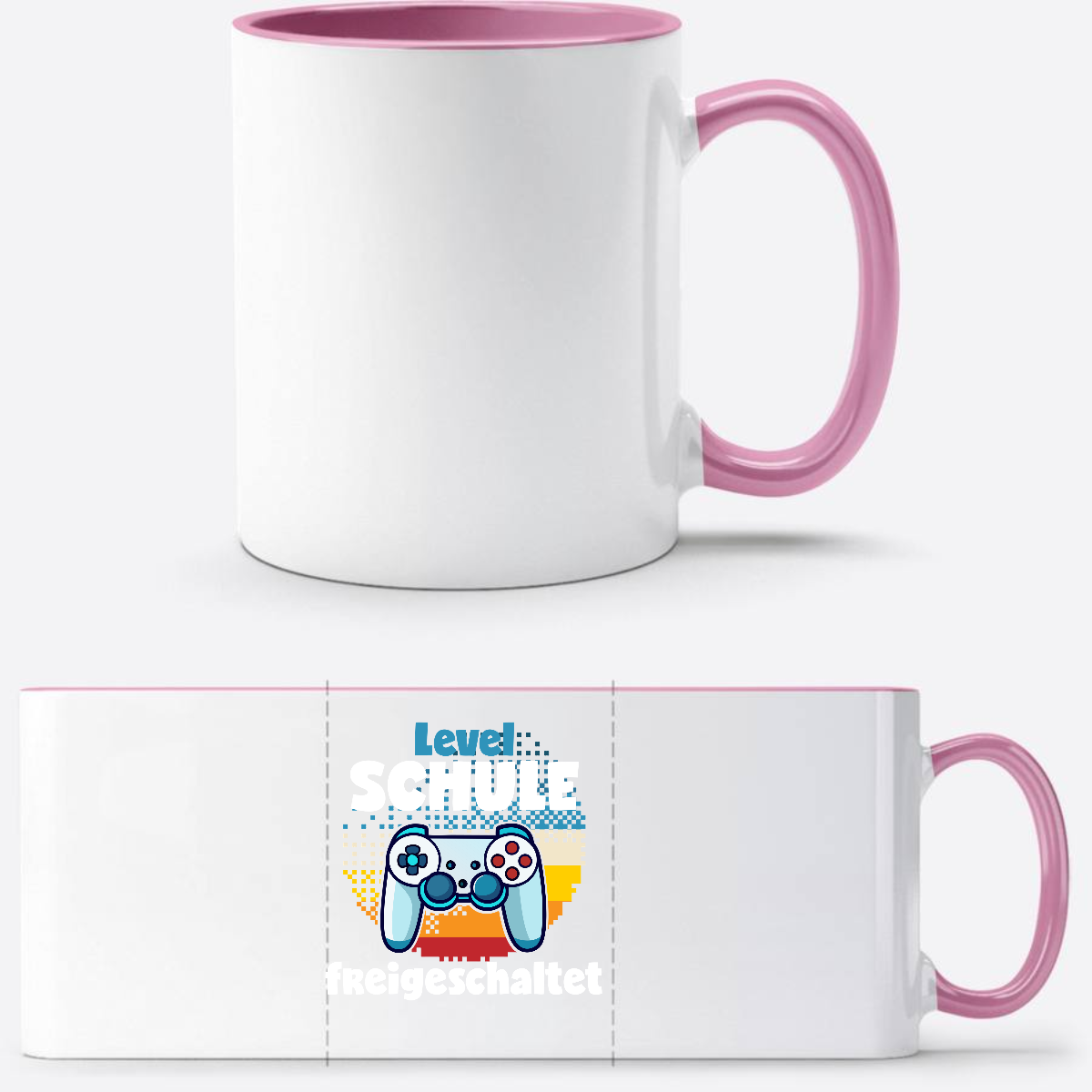 Tasse Level Schule freigeschaltet – Geschenk zur Einschulung - Weiss/Rosa