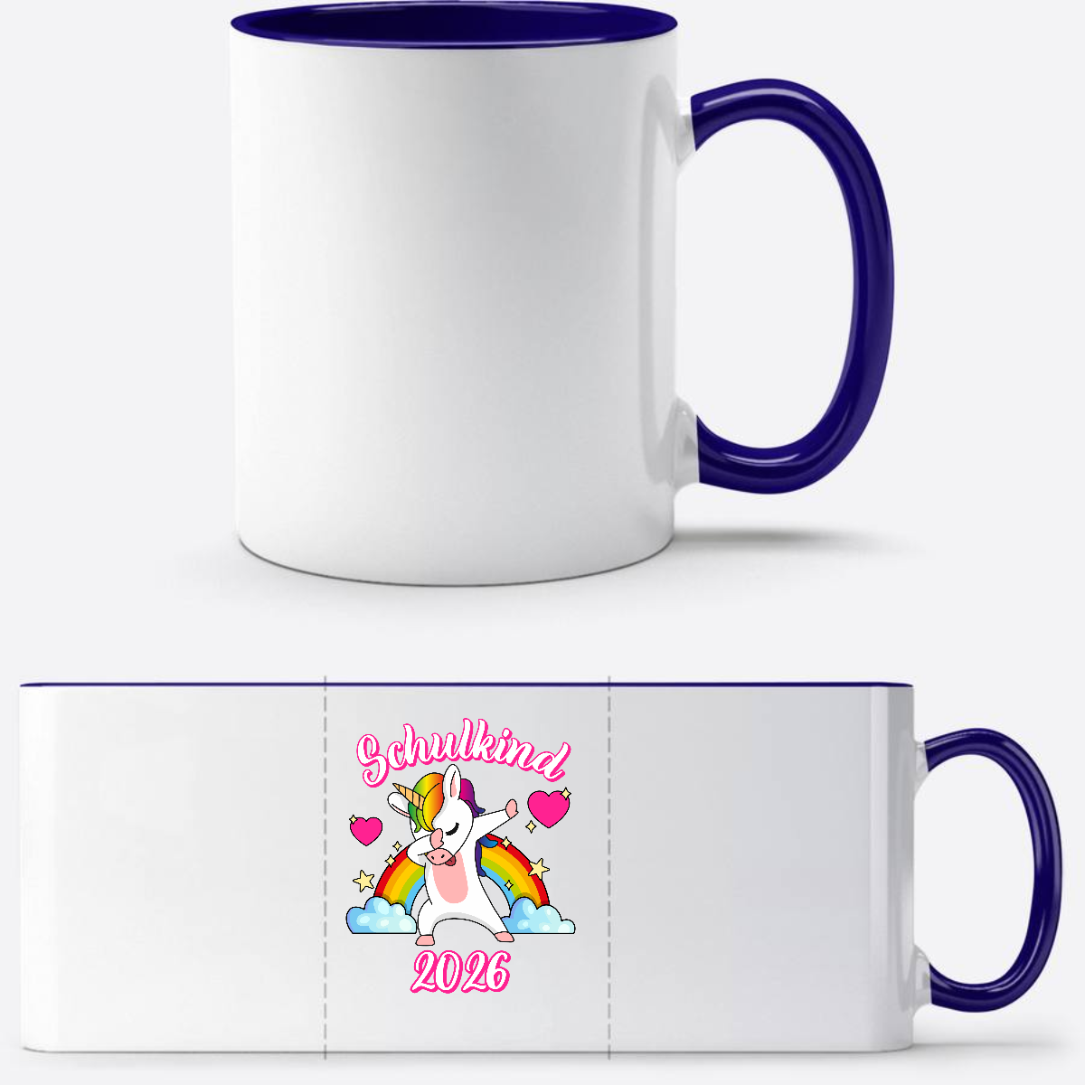 Tasse Schulkind 2025 – Dabbendes Einhorn & Regenbogen mit Name - Weiß/Dunkelblau