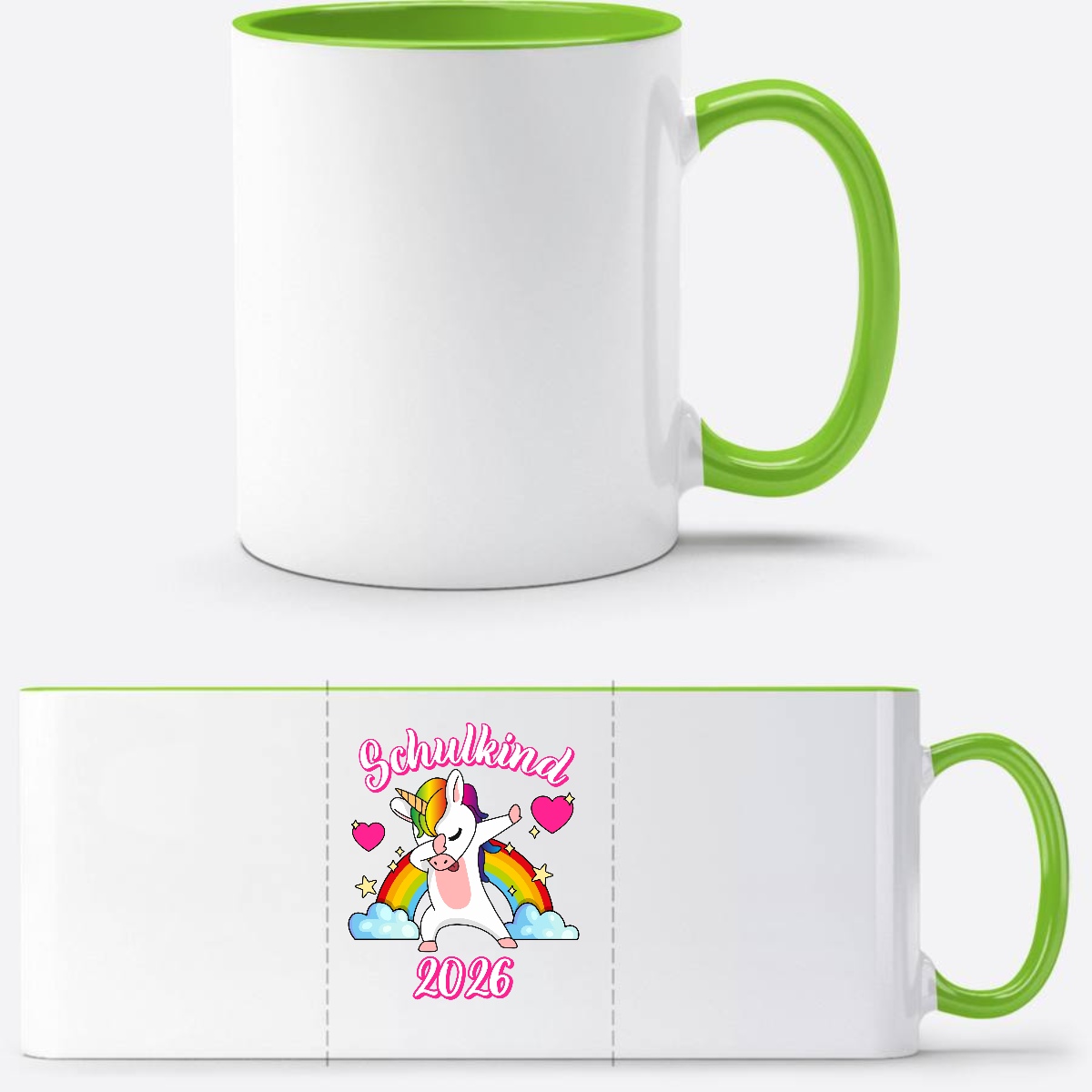 Tasse Schulkind 2025 – Dabbendes Einhorn & Regenbogen mit Name - Weiß/Grün