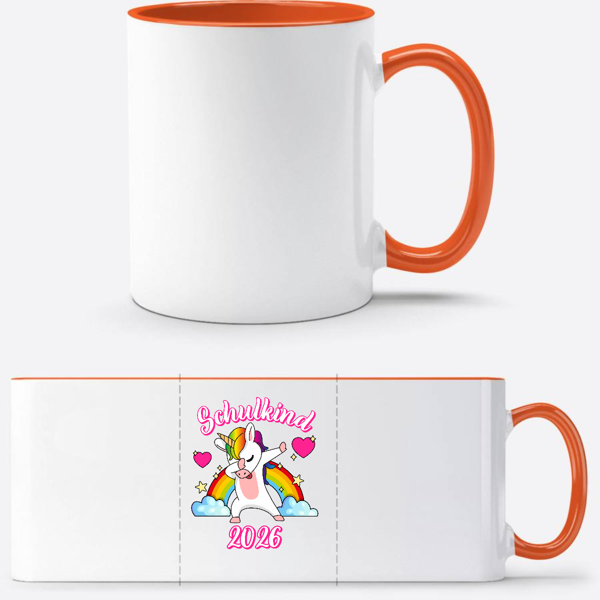 Tasse Schulkind 2025 – Dabbendes Einhorn & Regenbogen mit Name - Weiß/Orange