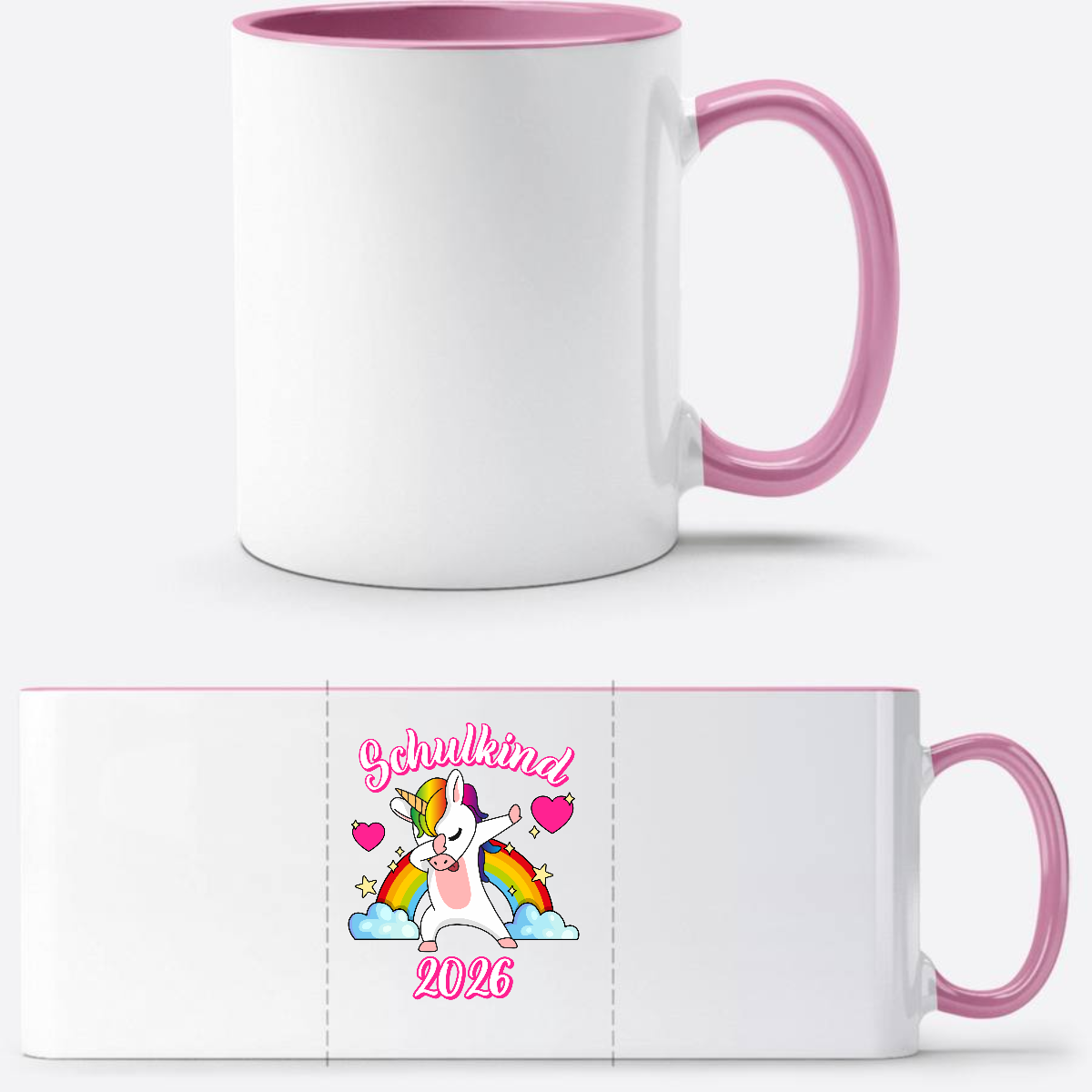 Tasse Schulkind 2025 – Dabbendes Einhorn & Regenbogen mit Name - Weiss/Rosa