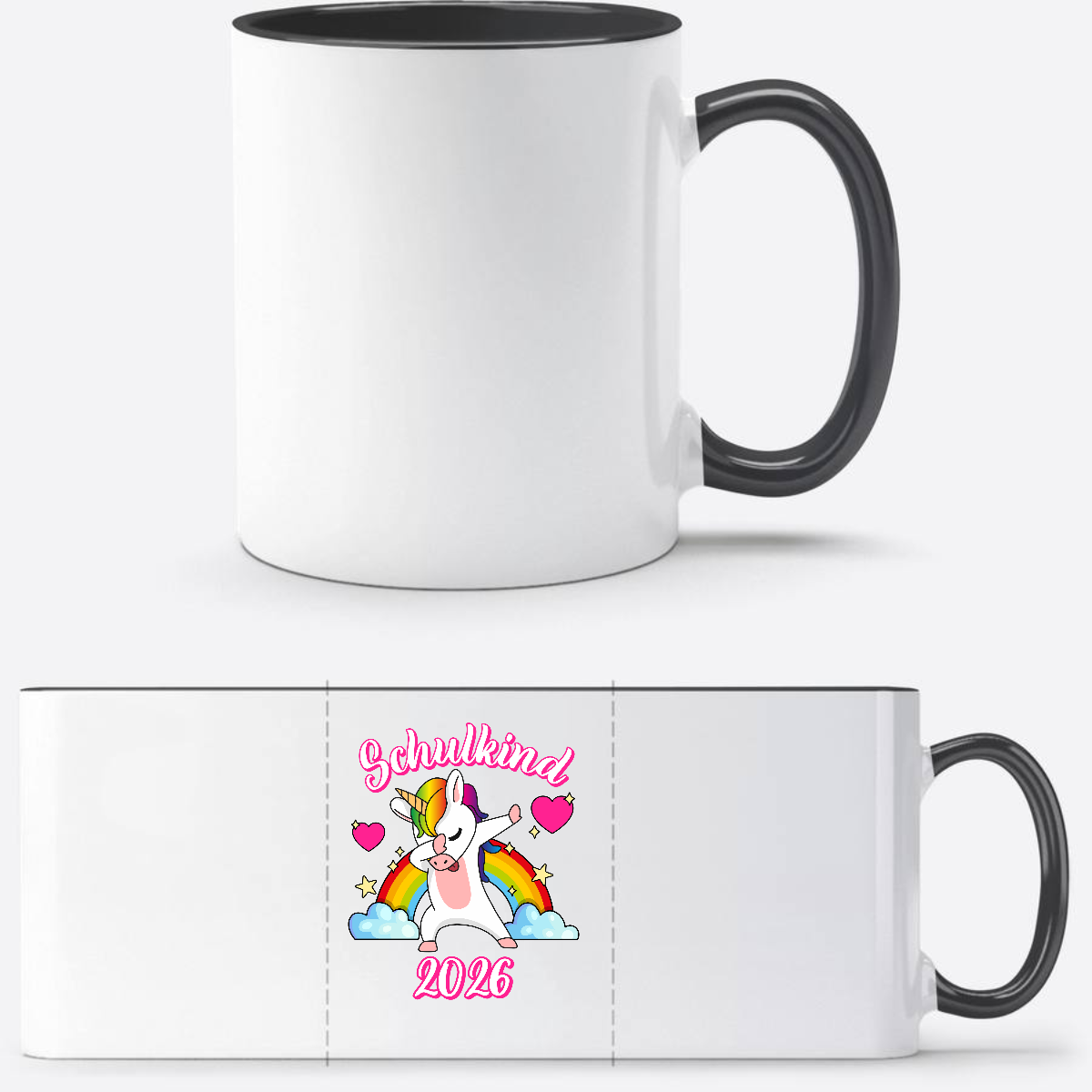 Tasse Schulkind 2025 – Dabbendes Einhorn & Regenbogen mit Name - Weiß/Schwarz