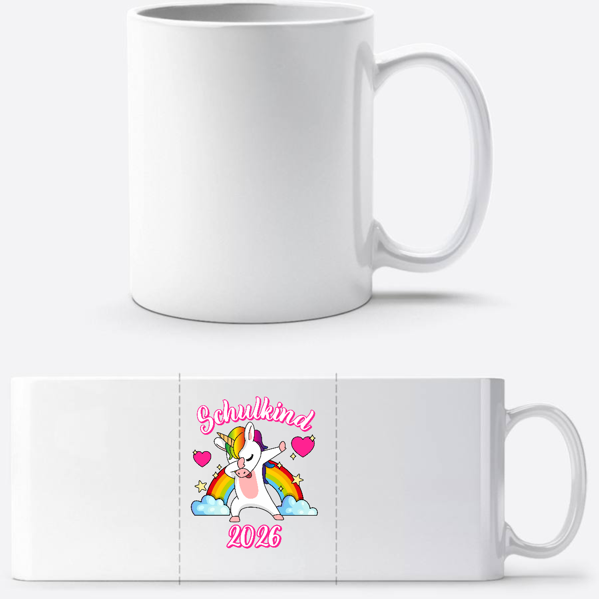 Tasse Schulkind 2025 – Dabbendes Einhorn & Regenbogen mit Name - Weiß