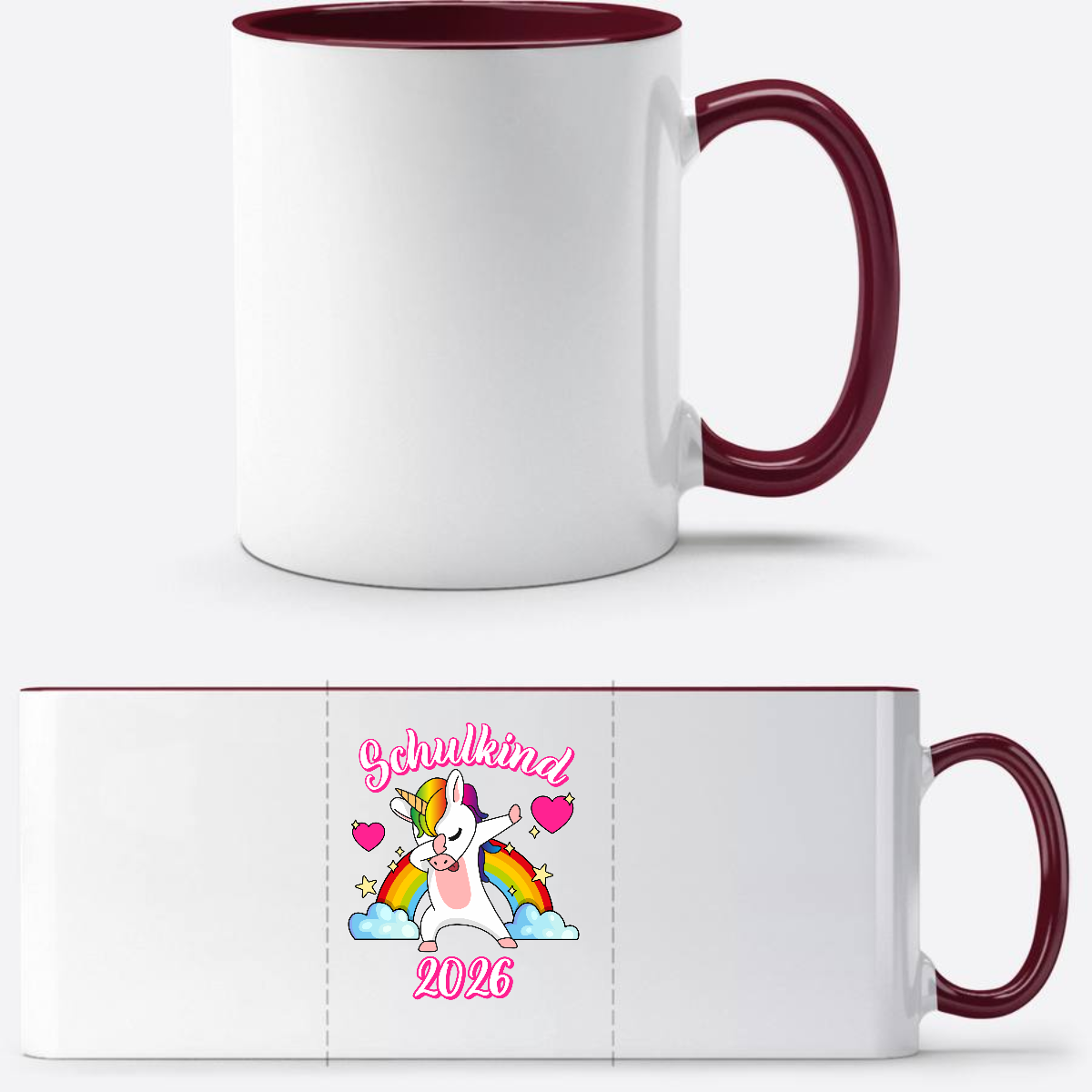 Tasse Schulkind 2025 – Dabbendes Einhorn & Regenbogen mit Name - White/Bordeaux