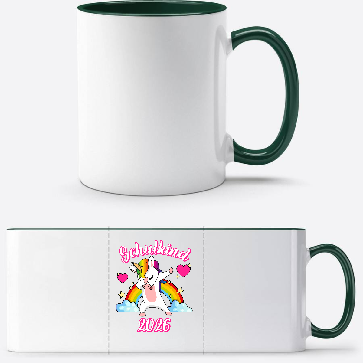 Tasse Schulkind 2025 – Dabbendes Einhorn & Regenbogen mit Name - White/Petrol