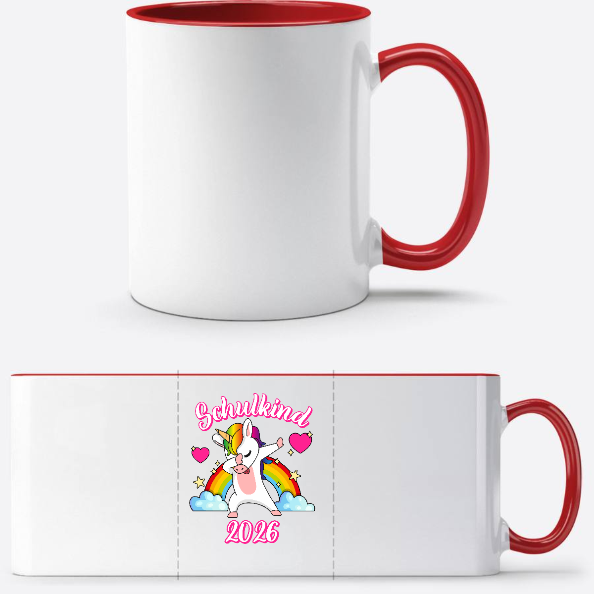 Tasse Schulkind 2025 – Dabbendes Einhorn & Regenbogen mit Name - White/Red