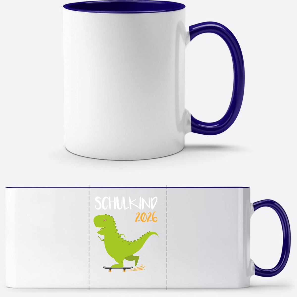 Tasse Schulkind 2025 – Dino mit Skateboard personalisiert - Weiß/Dunkelblau