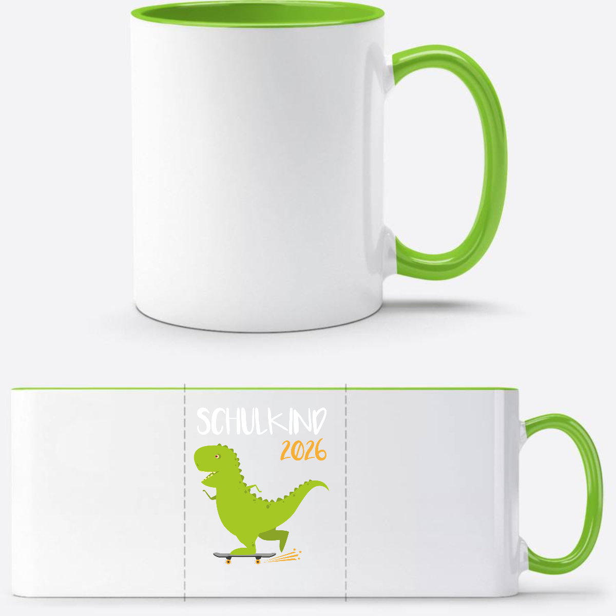 Tasse Schulkind 2025 – Dino mit Skateboard personalisiert - Weiß/Grün