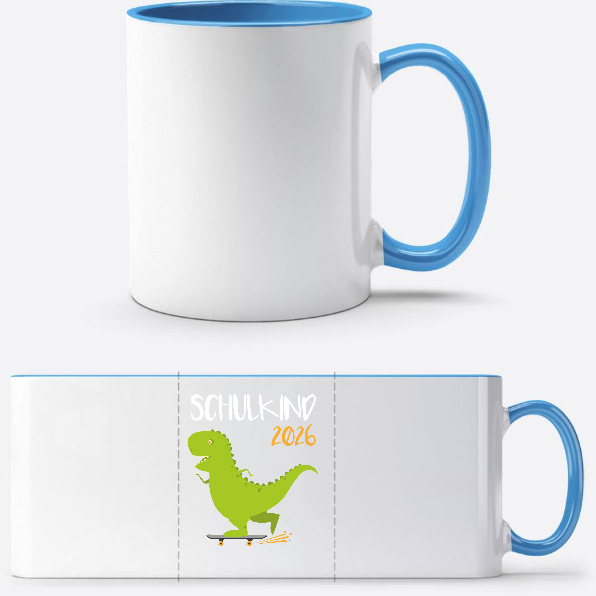 Tasse Schulkind 2025 – Dino mit Skateboard personalisiert - Weiß/Hellblau