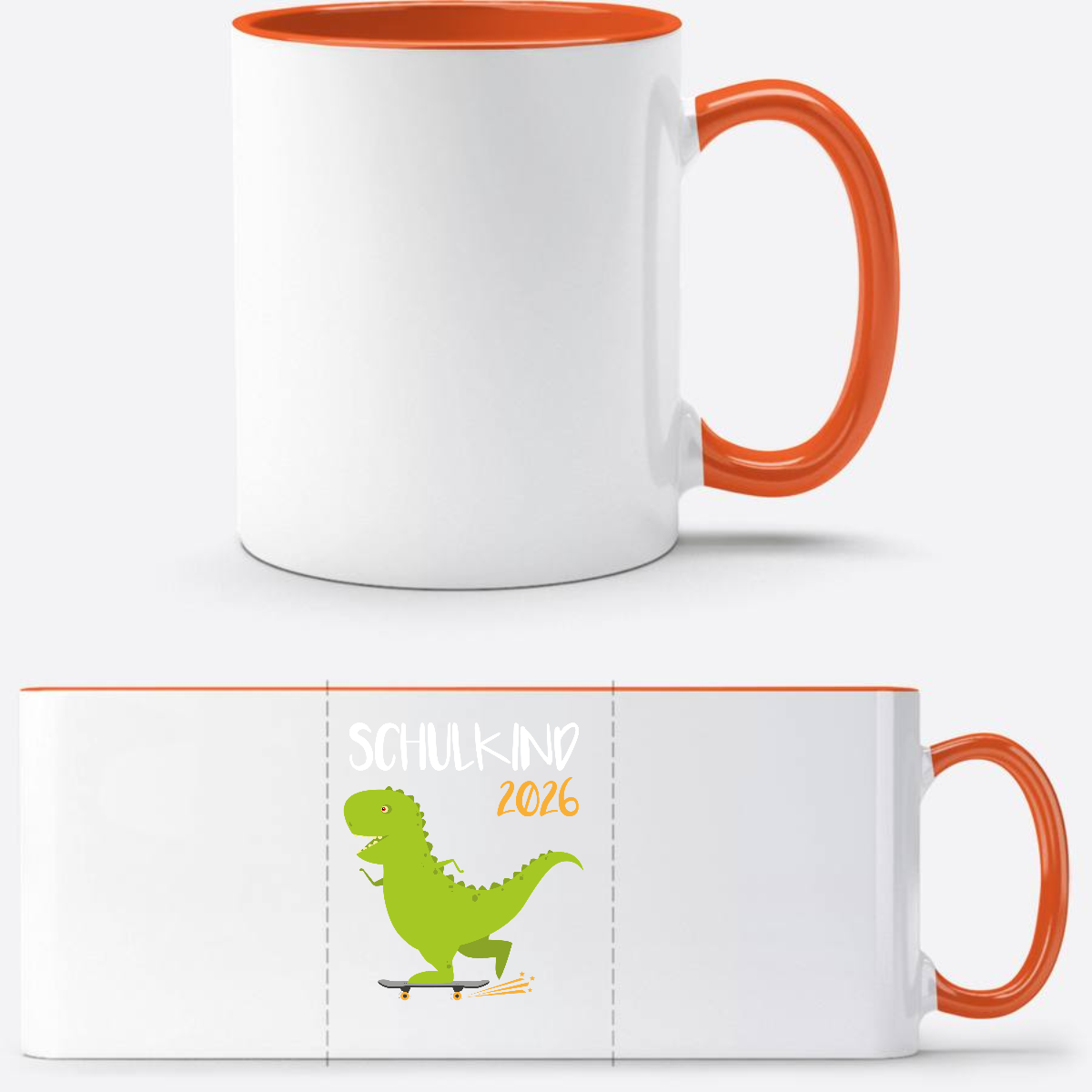 Tasse Schulkind 2025 – Dino mit Skateboard personalisiert - Weiß/Orange