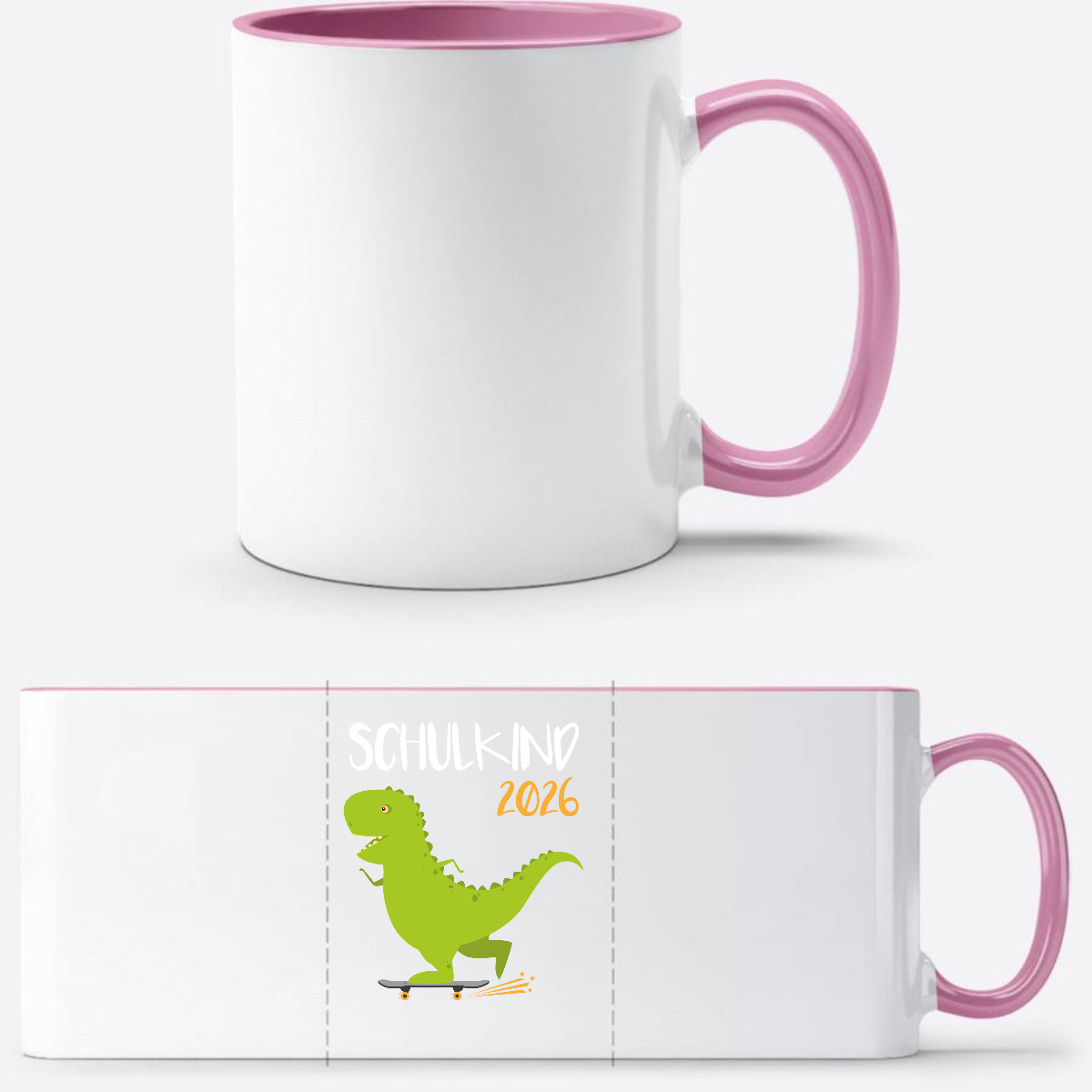 Tasse Schulkind 2025 – Dino mit Skateboard personalisiert - Weiss/Rosa