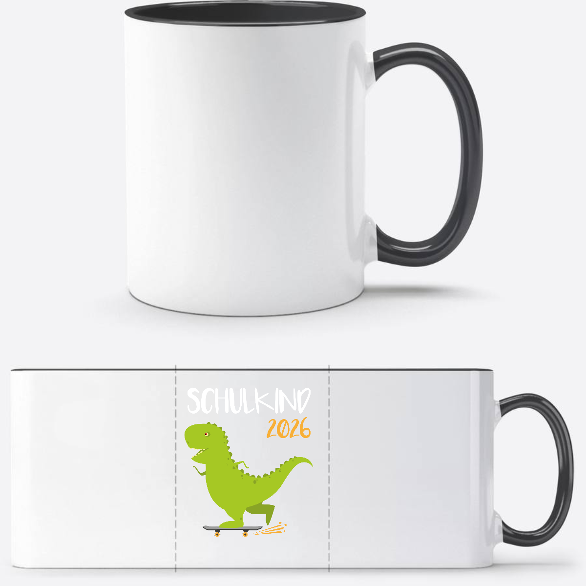 Tasse Schulkind 2025 – Dino mit Skateboard personalisiert - Weiß/Schwarz