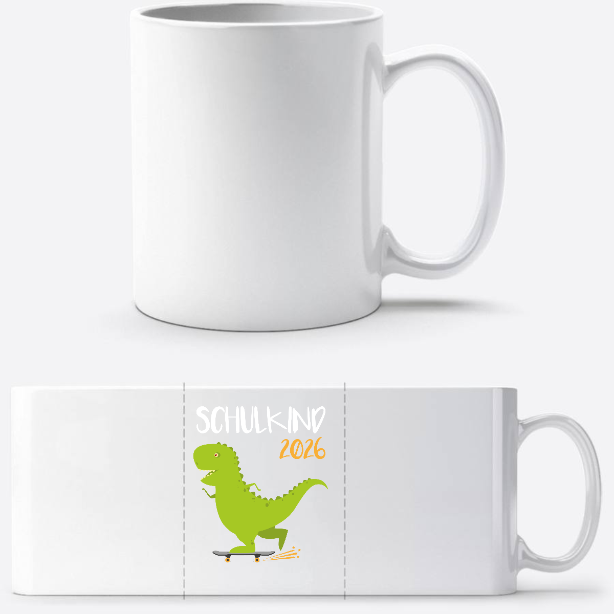 Tasse Schulkind 2025 – Dino mit Skateboard personalisiert - Weiß