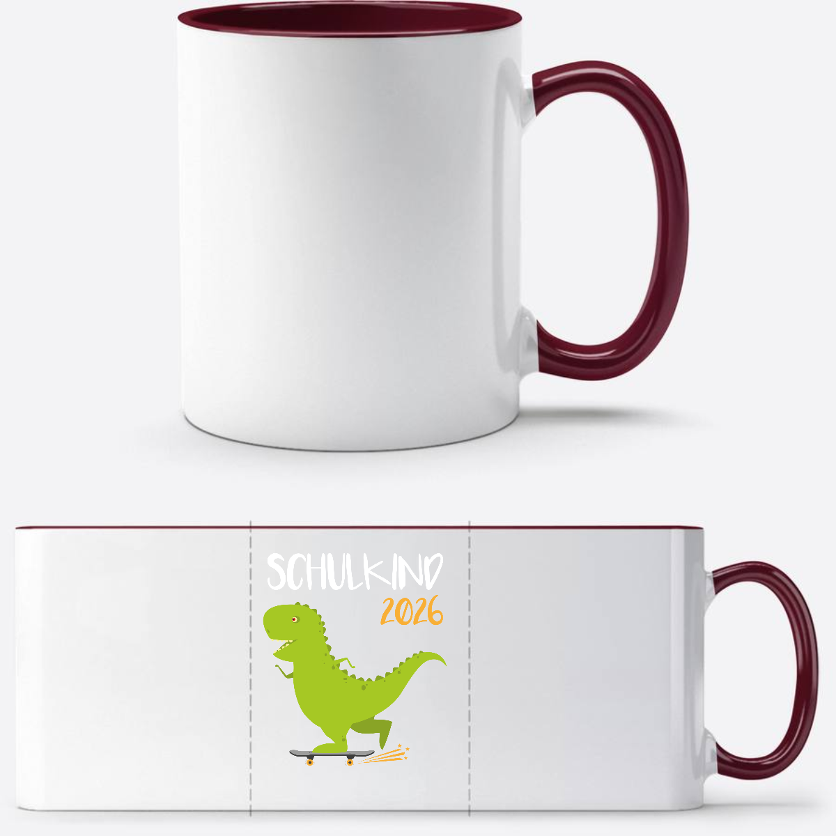 Tasse Schulkind 2025 – Dino mit Skateboard personalisiert - White/Bordeaux