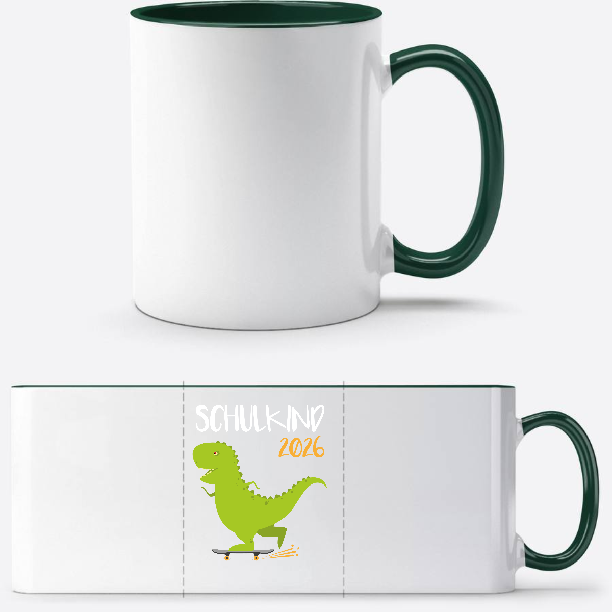 Tasse Schulkind 2025 – Dino mit Skateboard personalisiert - White/Petrol