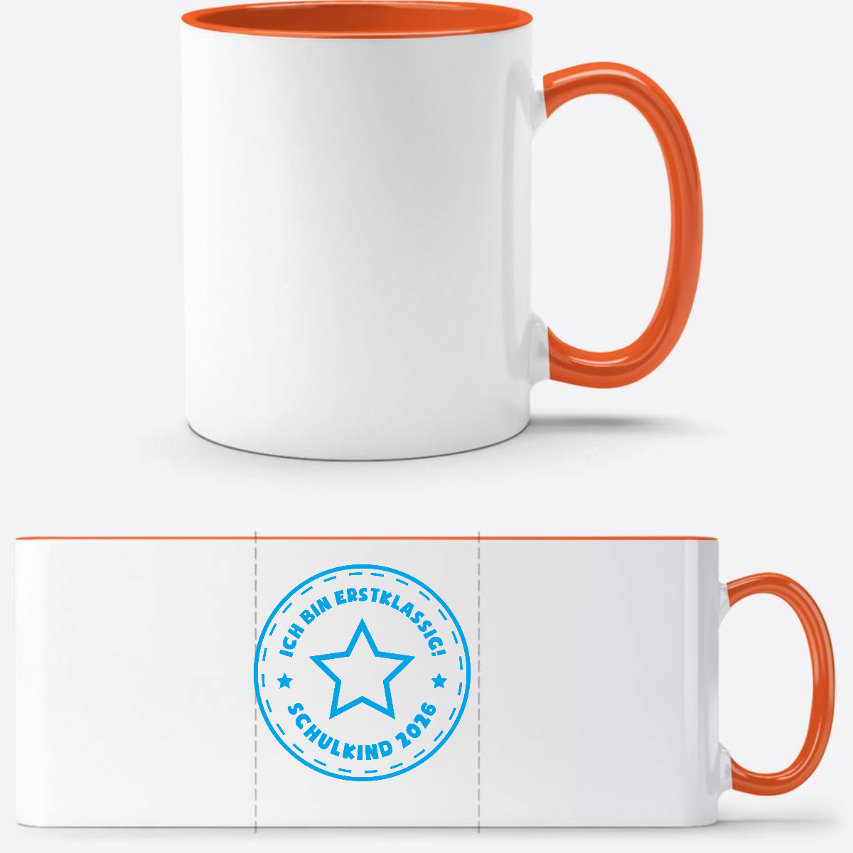Tasse Schulkind 2025 – Ich bin erstklassig Stern Hellblau - Weiß/Orange
