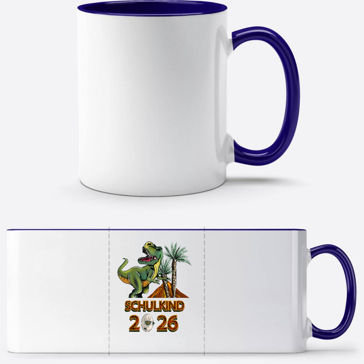 Tasse Schulkind 2025 T-Rex Dino – Personalisiert mit Name - Weiß/Dunkelblau