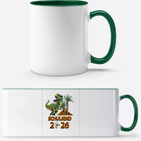 Tasse Schulkind 2025 T-Rex Dino – Personalisiert mit Name - Weiß/Dunkelgrün