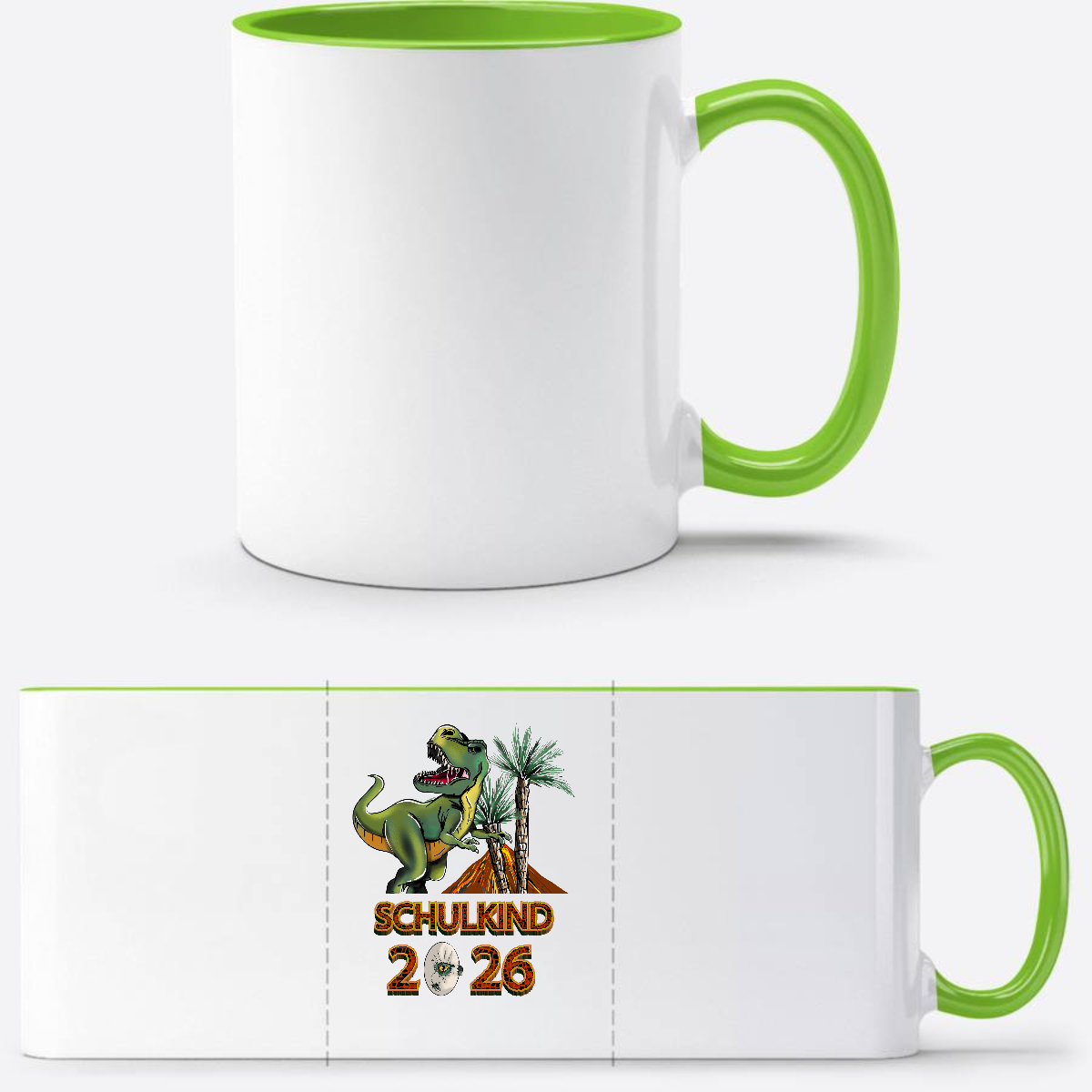 Tasse Schulkind 2025 T-Rex Dino – Personalisiert mit Name - Weiß/Grün