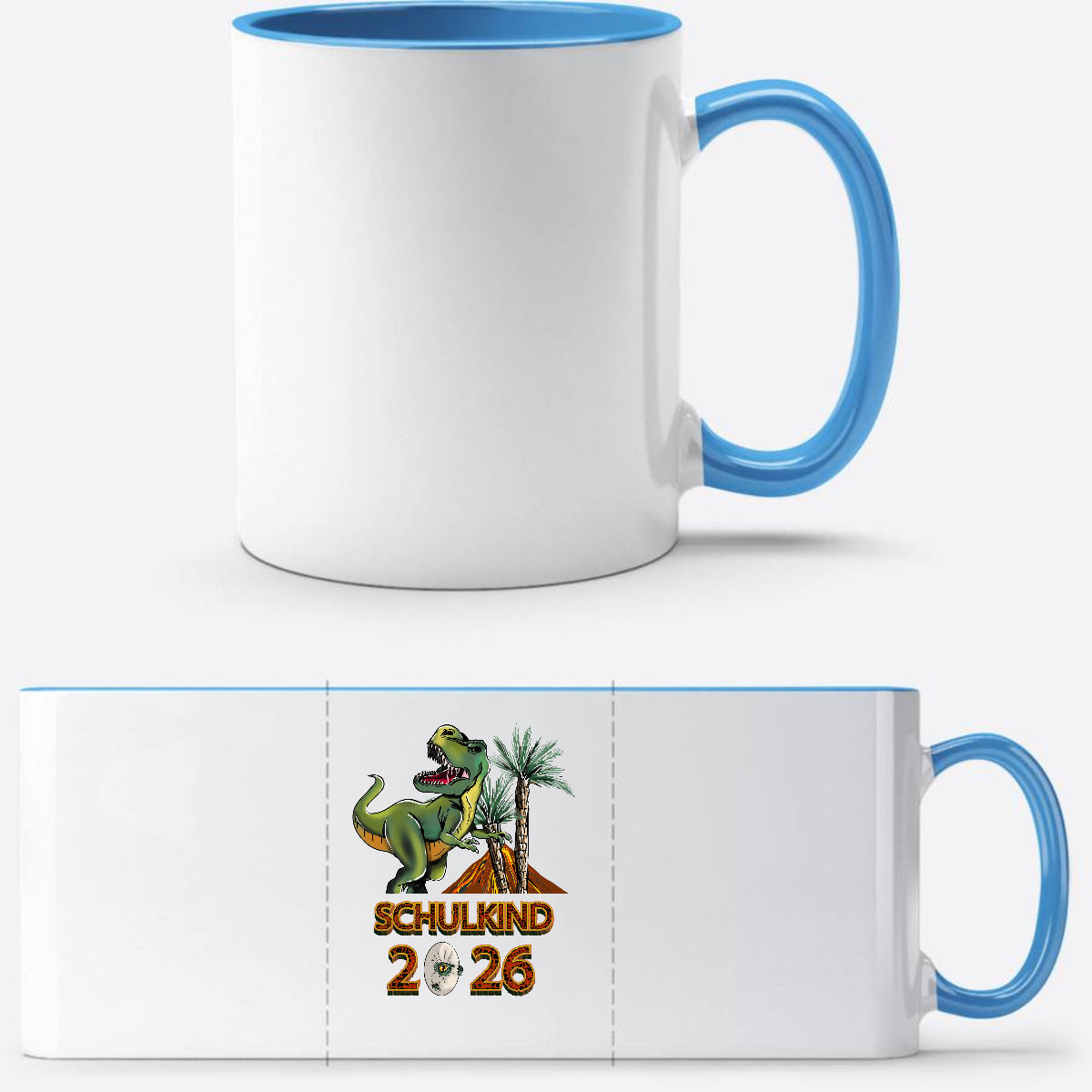 Tasse Schulkind 2025 T-Rex Dino – Personalisiert mit Name - Weiß/Hellblau