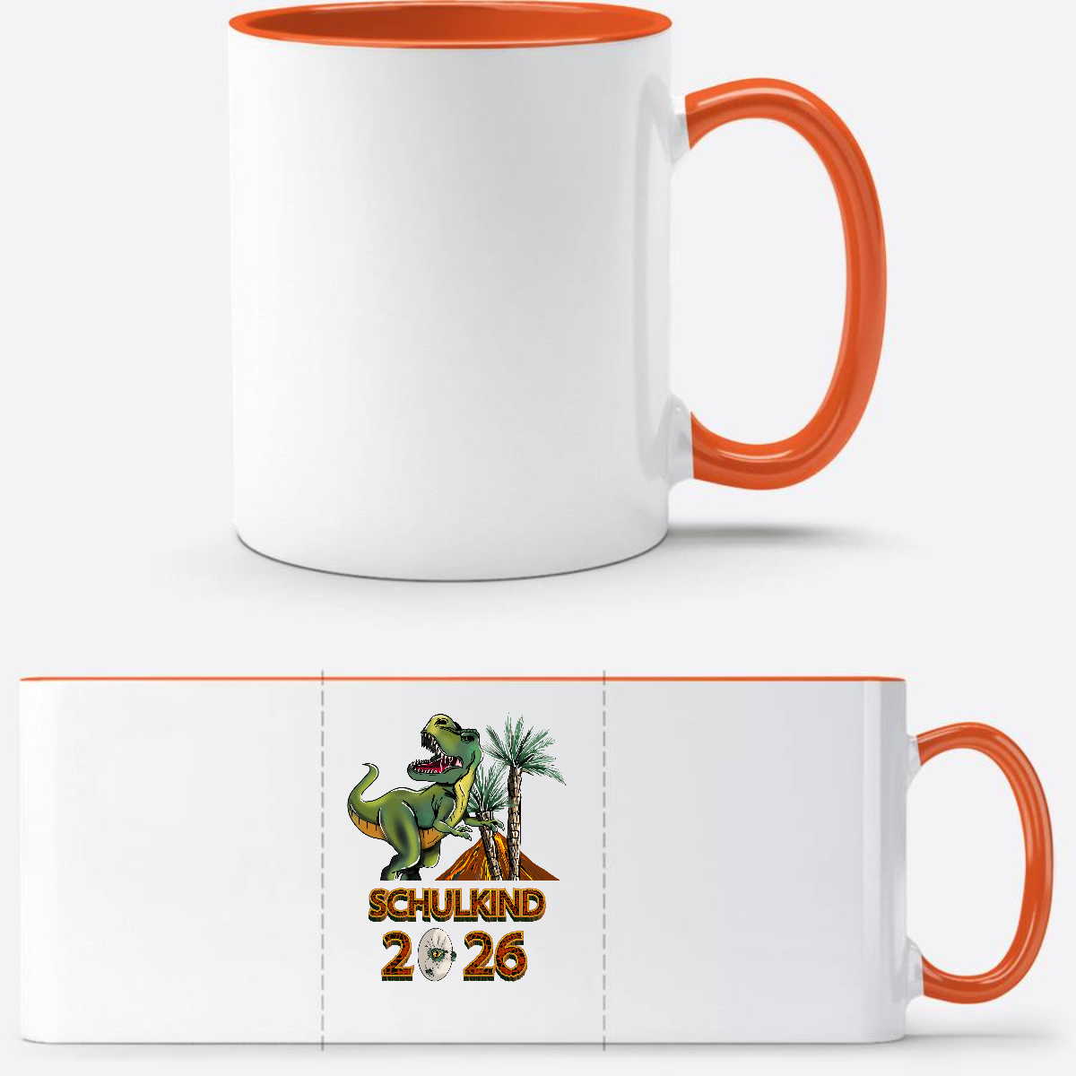 Tasse Schulkind 2025 T-Rex Dino – Personalisiert mit Name - Weiß/Orange
