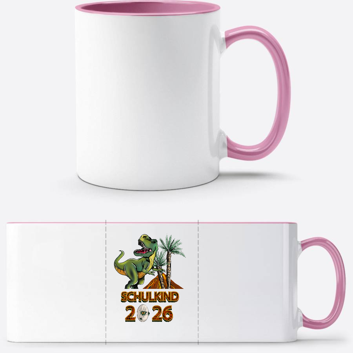 Tasse Schulkind 2025 T-Rex Dino – Personalisiert mit Name - Weiss/Rosa
