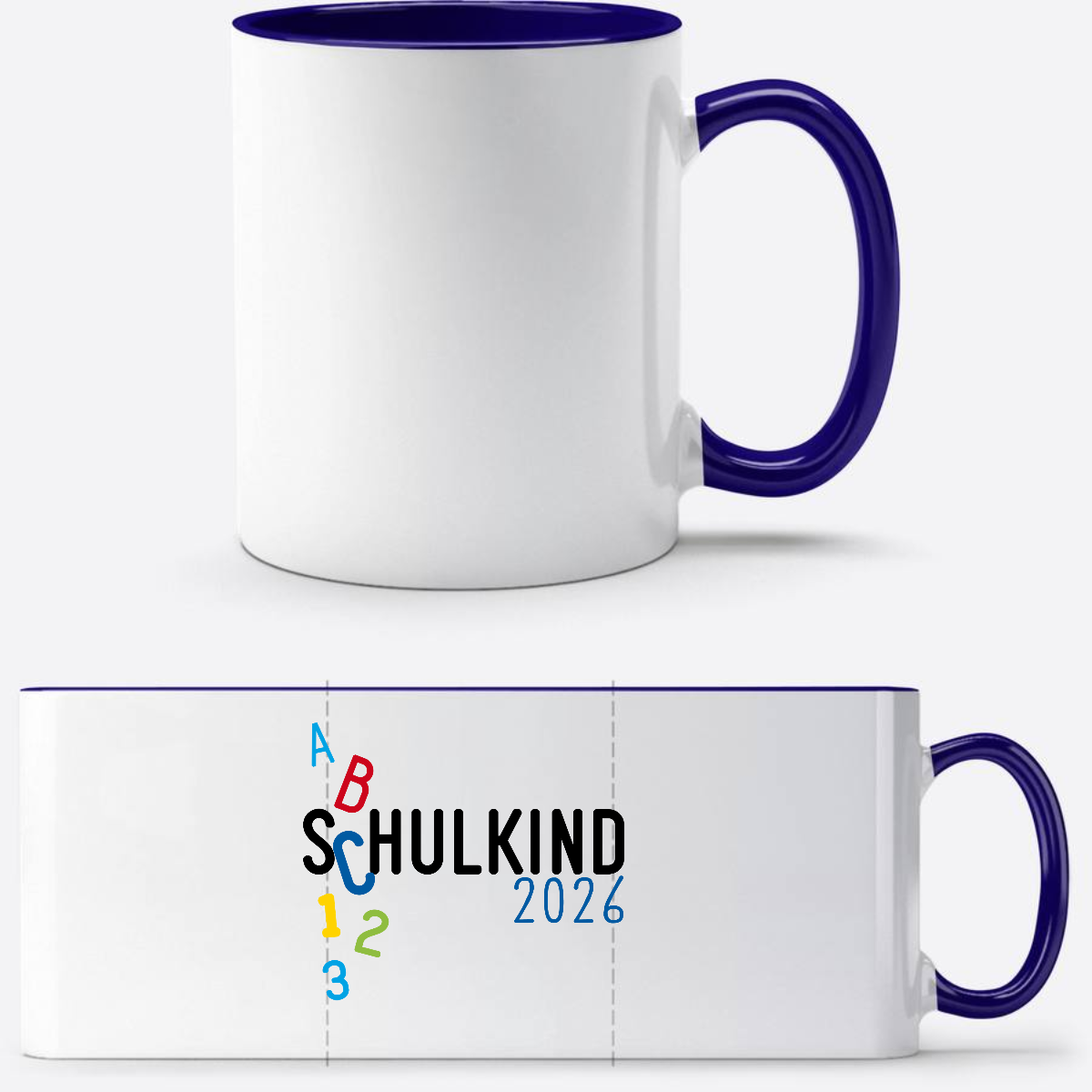 Tasse Schulkind 2026 ABC blau – Personalisiert mit Namen - Weiß/Dunkelblau