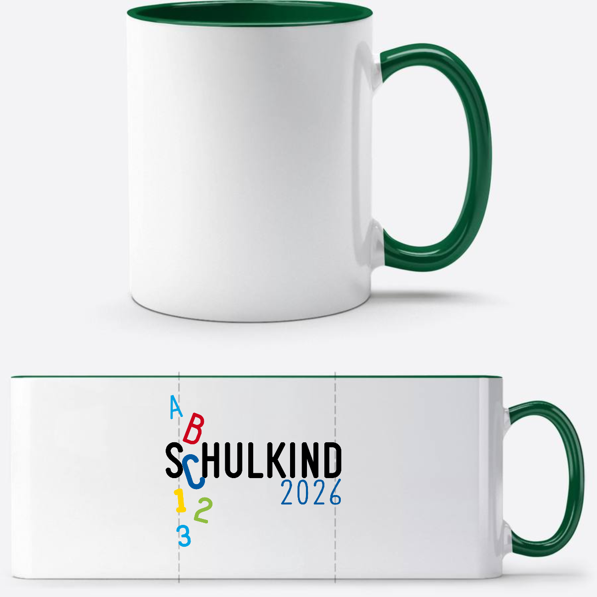 Tasse Schulkind 2026 ABC blau – Personalisiert mit Namen - Weiß/Dunkelgrün