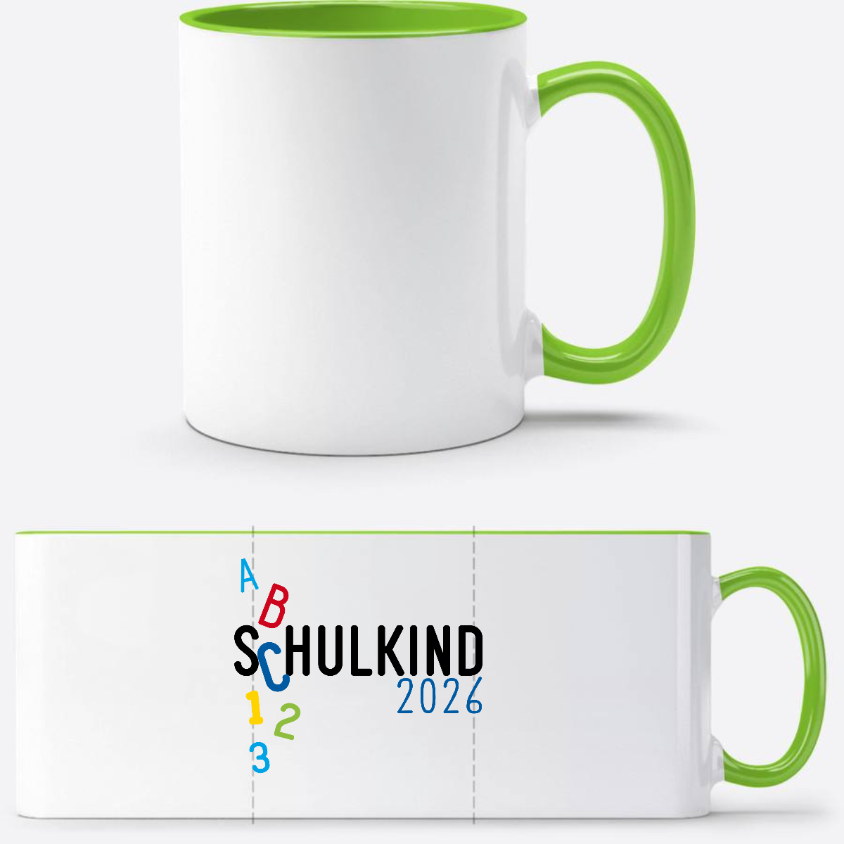 Tasse Schulkind 2026 ABC blau – Personalisiert mit Namen - Weiß/Grün