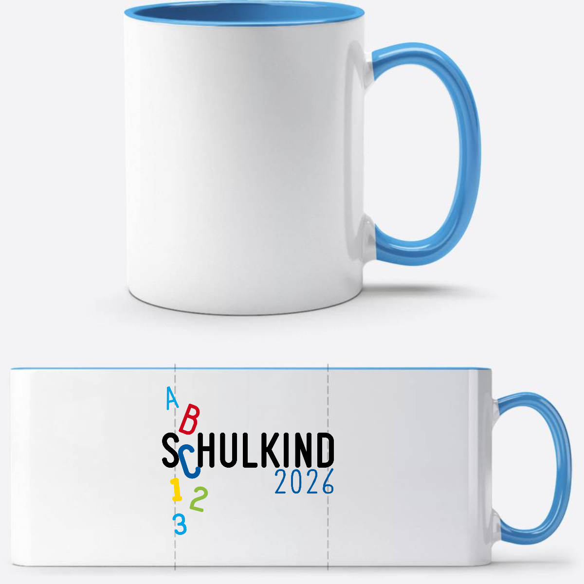 Tasse Schulkind 2026 ABC blau – Personalisiert mit Namen - Weiß/Hellblau