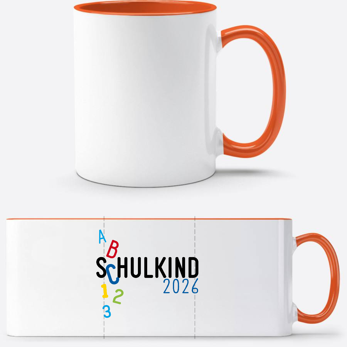 Tasse Schulkind 2026 ABC blau – Personalisiert mit Namen - Weiß/Orange