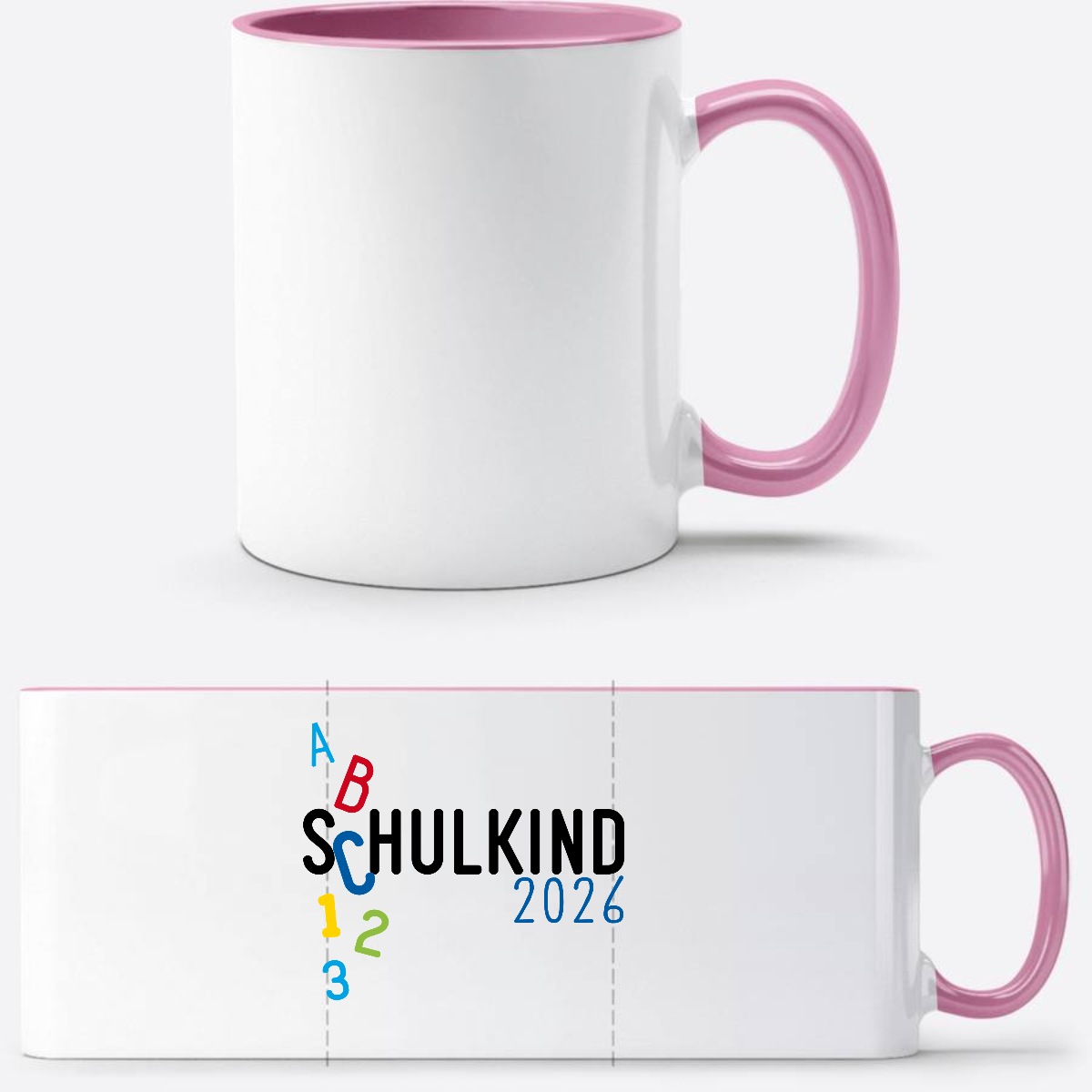 Tasse Schulkind 2026 ABC blau – Personalisiert mit Namen - Weiss/Rosa