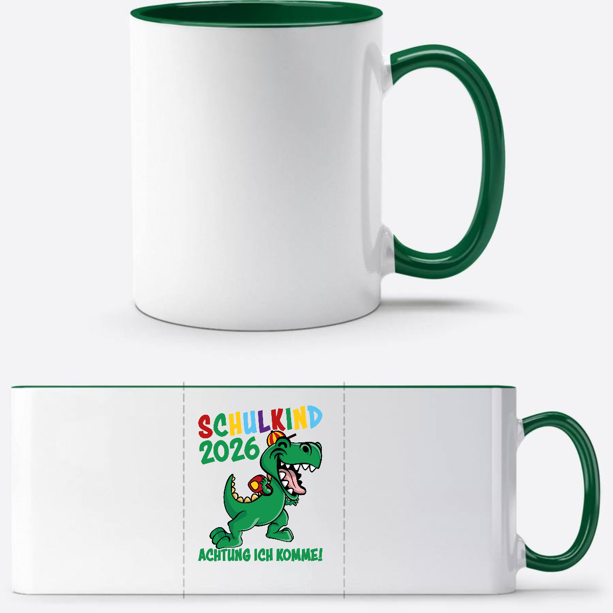 Tasse Schulkind 2026 – Achtung ich komme! Personalisiert - Weiß/Dunkelgrün