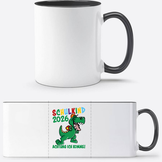 Tasse Schulkind 2026 – Achtung ich komme! Personalisiert - Weiß/Schwarz