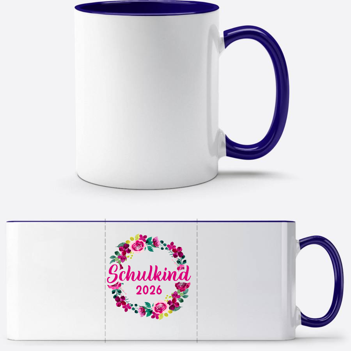 Tasse Schulkind 2026 Blumenkranz – Personalisiert mit Name - Weiß/Dunkelblau