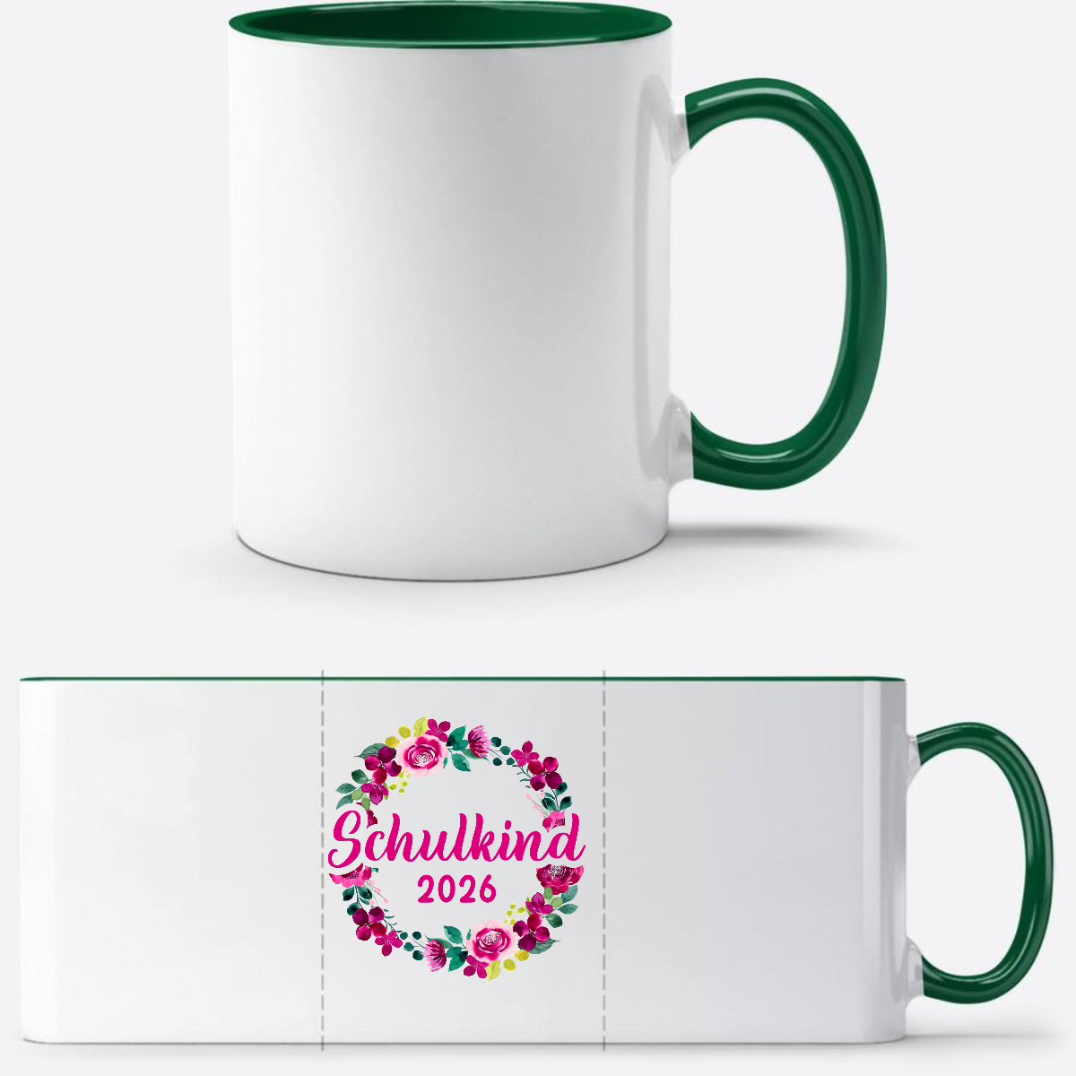 Tasse Schulkind 2026 Blumenkranz – Personalisiert mit Name - Weiß/Dunkelgrün