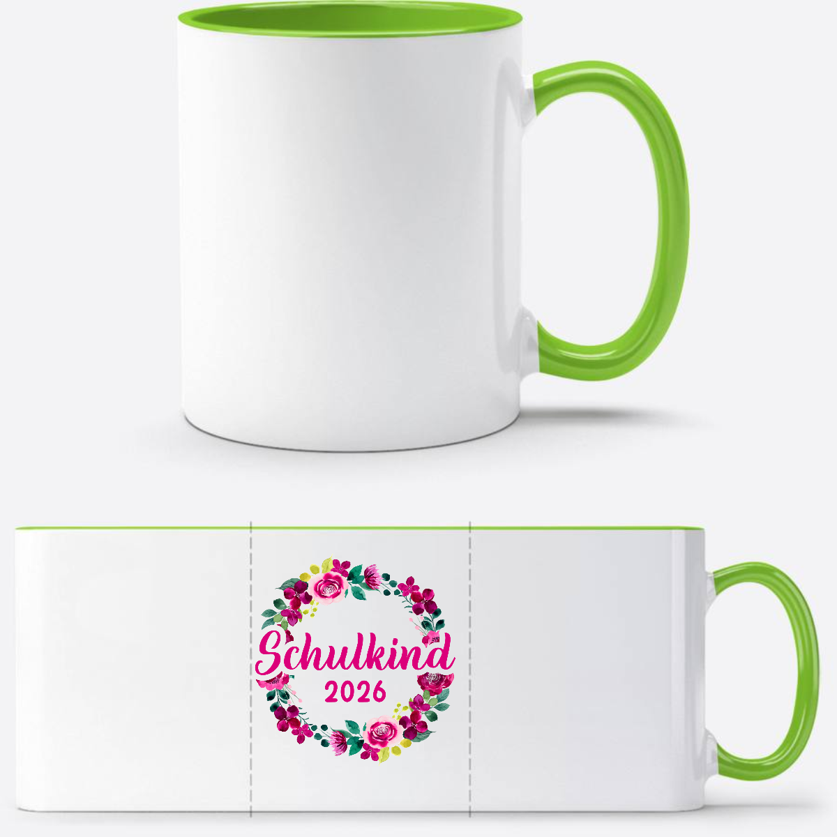 Tasse Schulkind 2026 Blumenkranz – Personalisiert mit Name - Weiß/Grün
