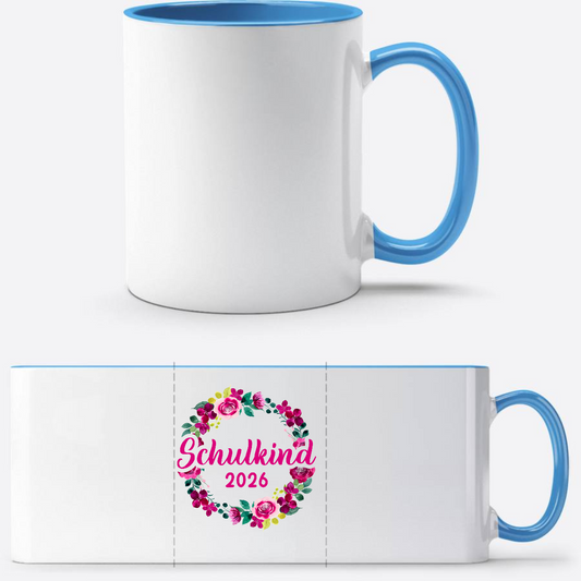 Tasse Schulkind 2026 Blumenkranz – Personalisiert mit Name - Weiß/Hellblau