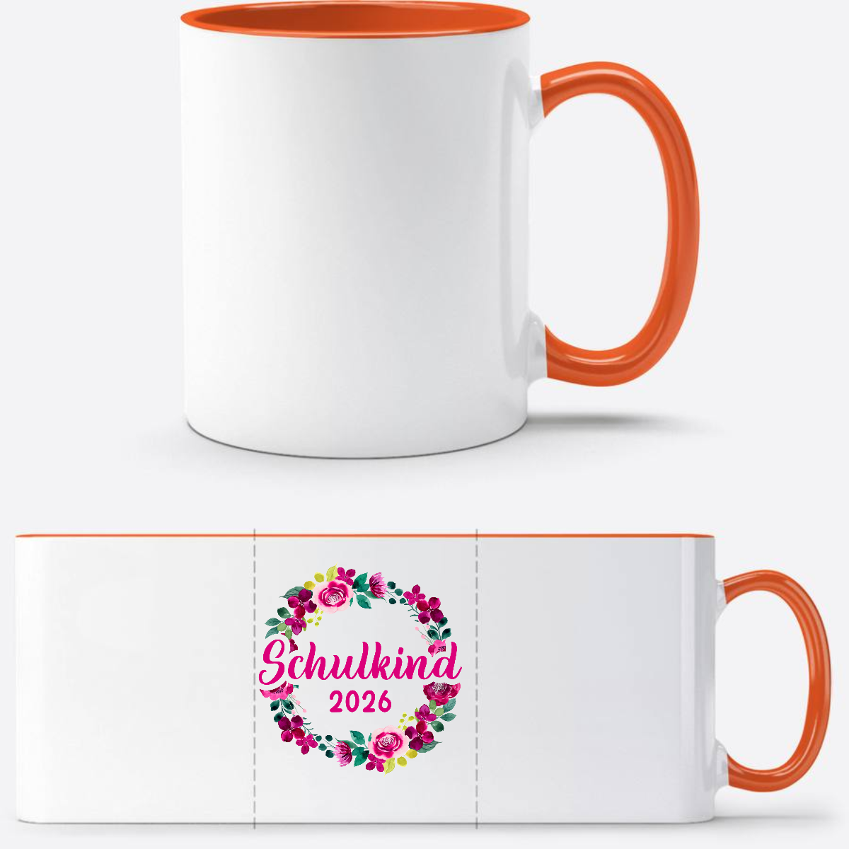 Tasse Schulkind 2026 Blumenkranz – Personalisiert mit Name - Weiß/Orange