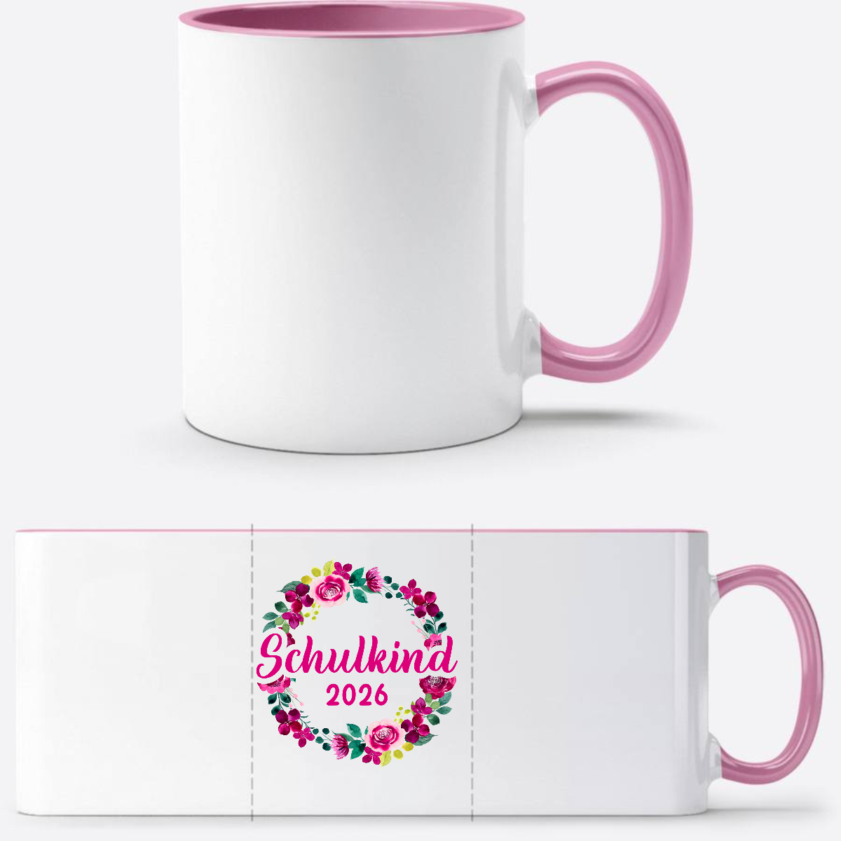 Tasse Schulkind 2026 Blumenkranz – Personalisiert mit Name - Weiss/Rosa