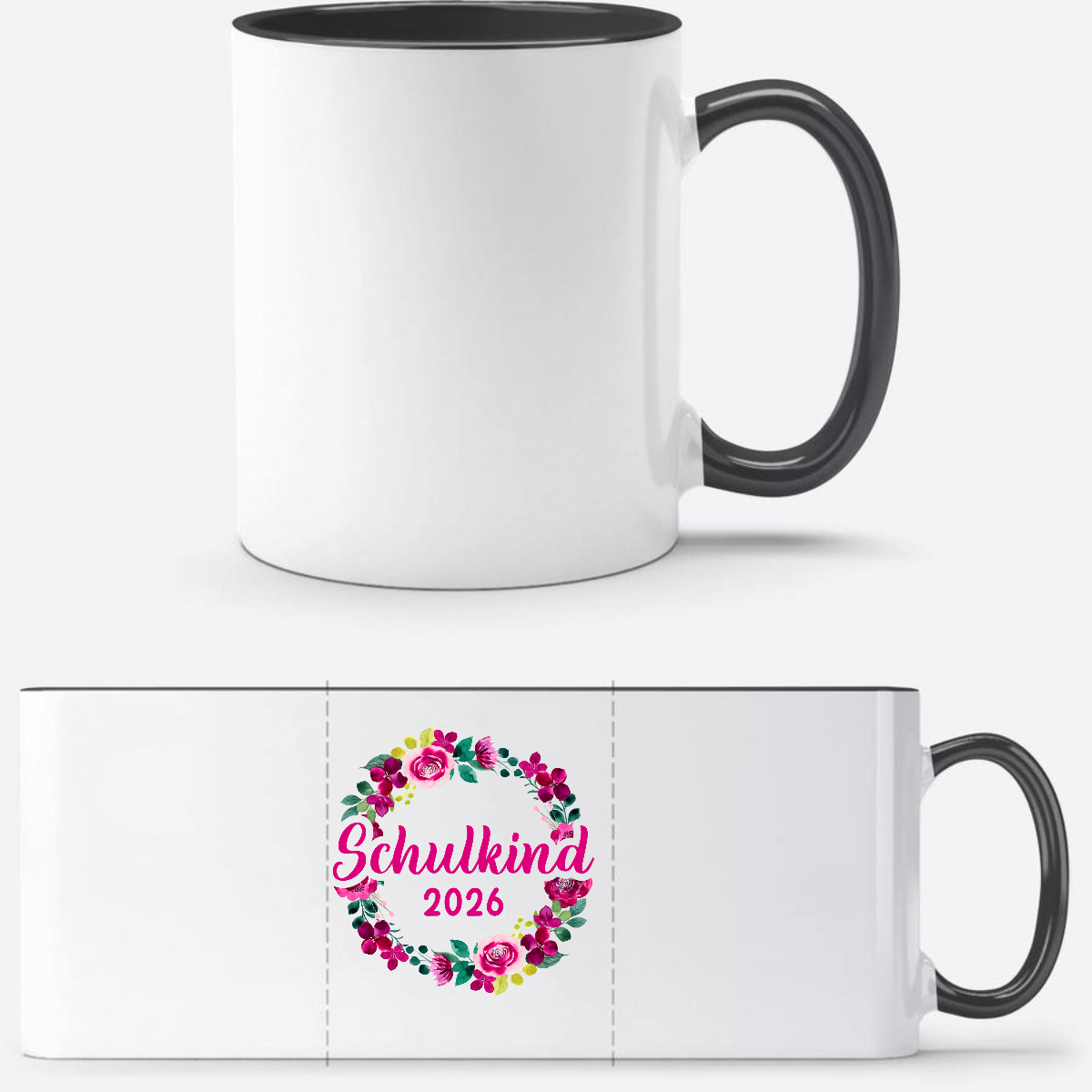 Tasse Schulkind 2026 Blumenkranz – Personalisiert mit Name - Weiß/Schwarz