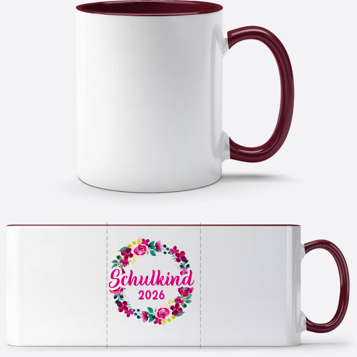 Tasse Schulkind 2026 Blumenkranz – Personalisiert mit Name - White/Bordeaux