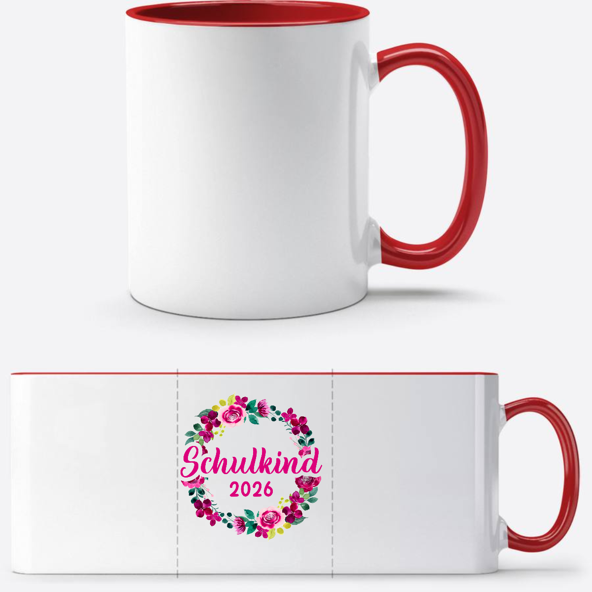 Tasse Schulkind 2026 Blumenkranz – Personalisiert mit Name - White/Red