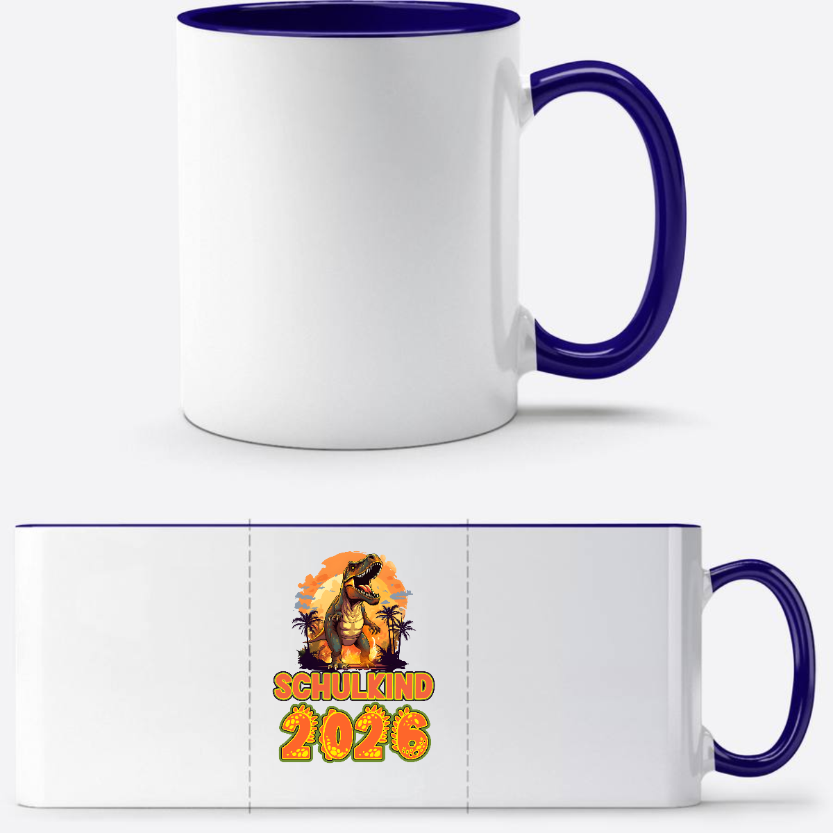 Tasse Schulkind 2026 Dinosaurier – Personalisiert mit Name - Weiß/Dunkelblau