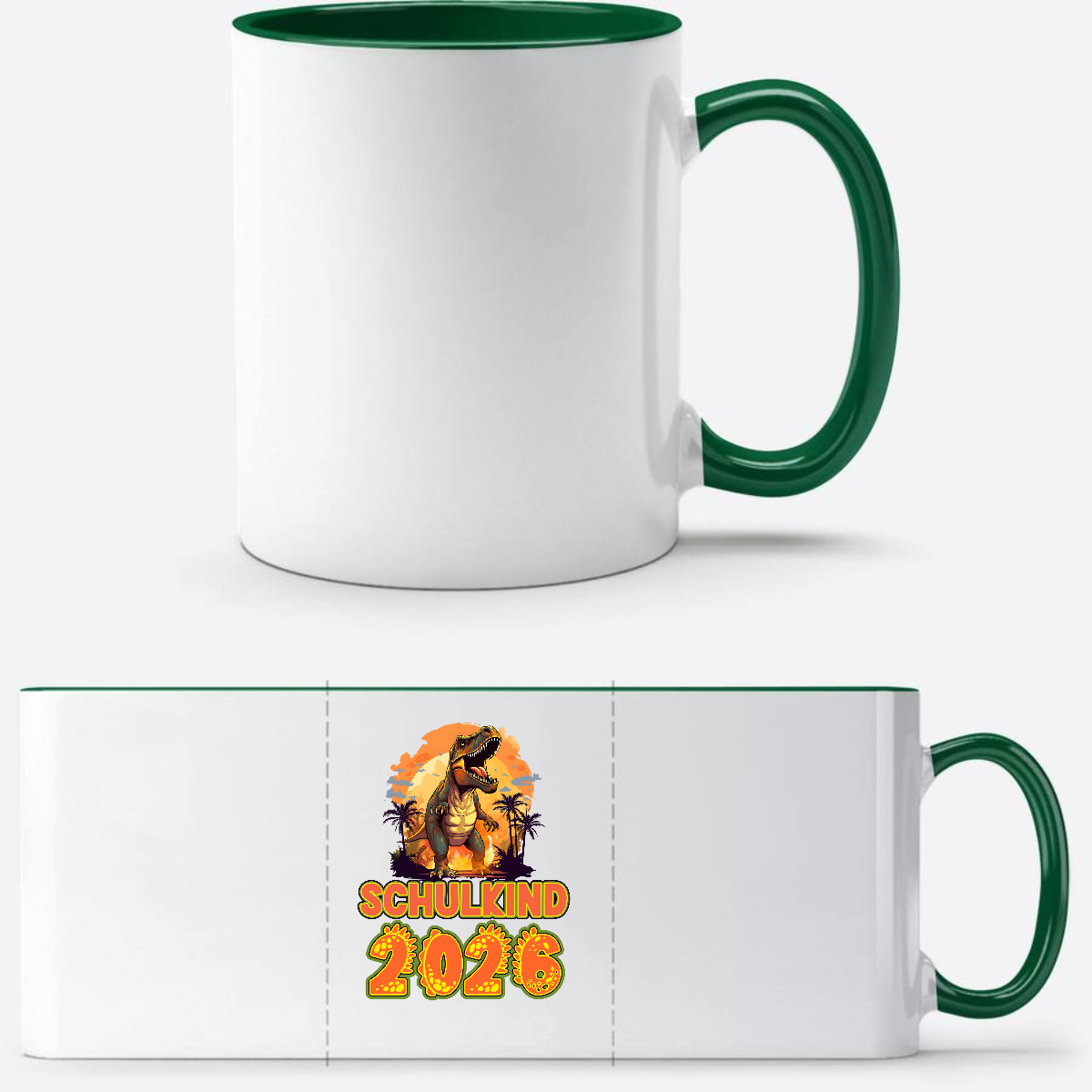 Tasse Schulkind 2026 Dinosaurier – Personalisiert mit Name - Weiß/Dunkelgrün