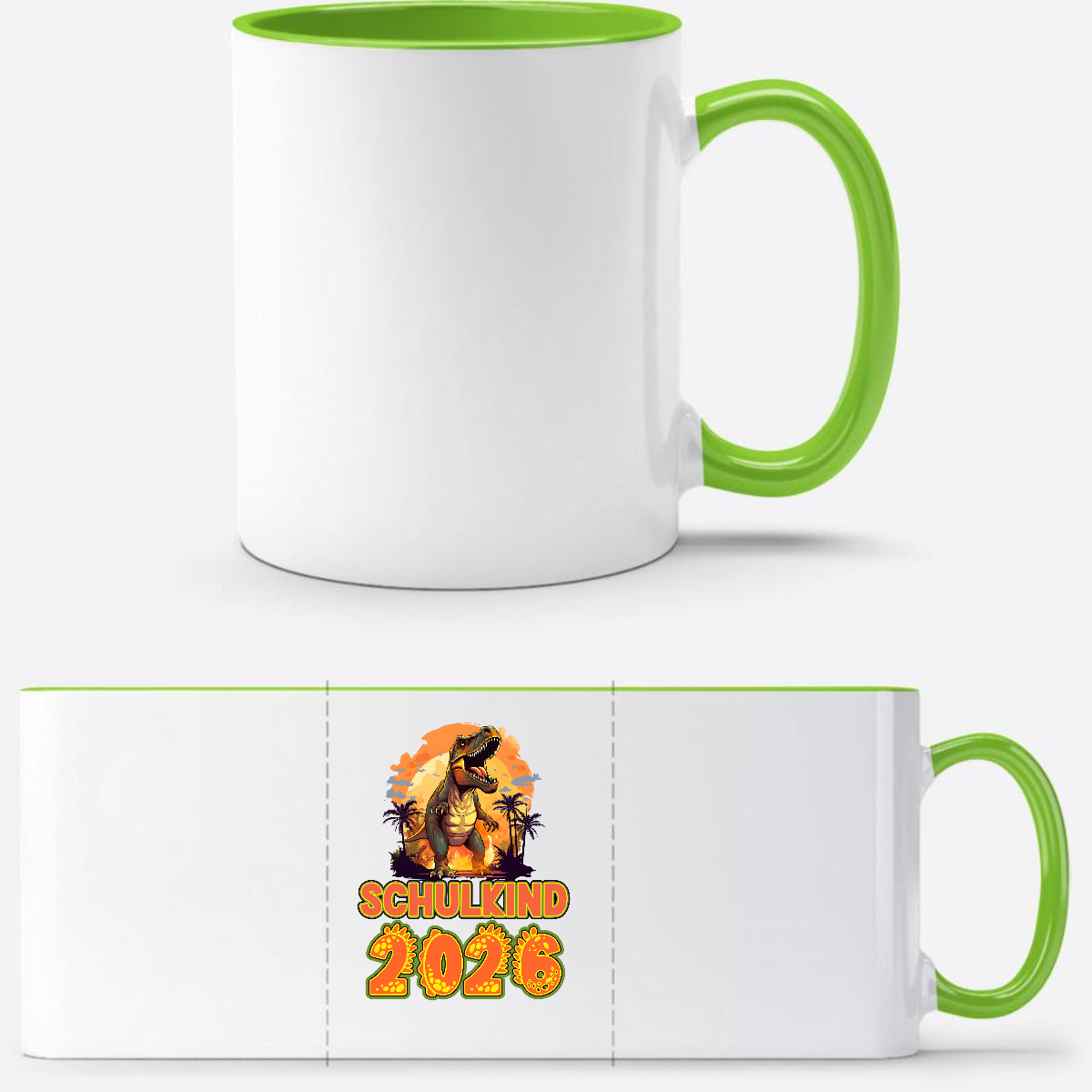 Tasse Schulkind 2026 Dinosaurier – Personalisiert mit Name - Weiß/Grün