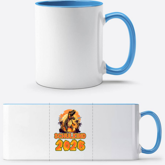 Tasse Schulkind 2026 Dinosaurier – Personalisiert mit Name - Weiß/Hellblau