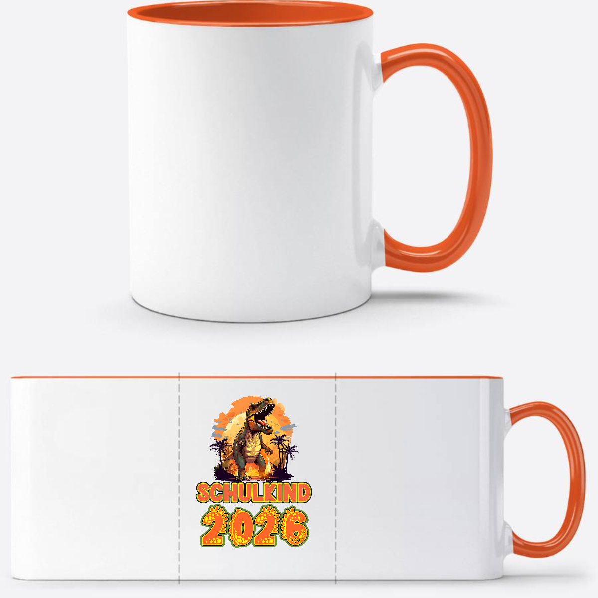 Tasse Schulkind 2026 Dinosaurier – Personalisiert mit Name - Weiß/Orange