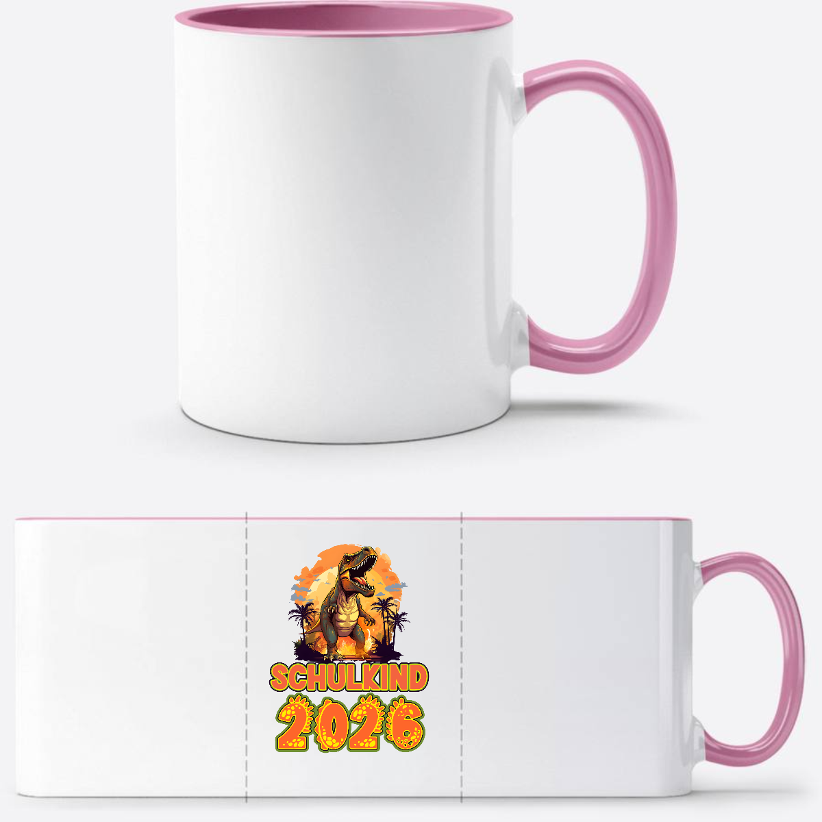 Tasse Schulkind 2026 Dinosaurier – Personalisiert mit Name - Weiss/Rosa
