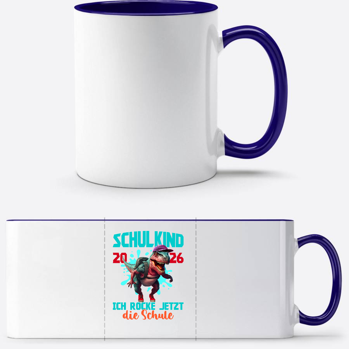 Tasse Schulkind 2026 Dinosaurier T-Rex – Ich rocke die Schule - Weiß/Dunkelblau